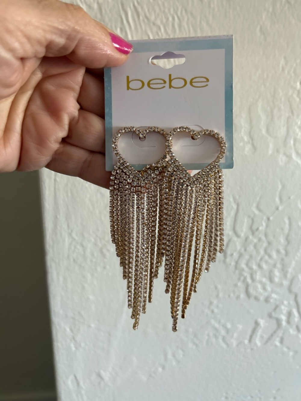 bebe Gold Heart Rhinestone Fringe Earrings